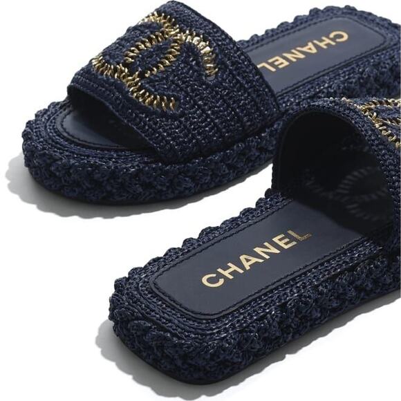 Chanel 21C Navy Blue Cord Gold Chain CC Logo Mule Slide Slip On Sandal Flat 37 - Picture 5 of 12